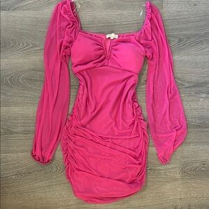 Moa Moa Pink Ruched Bodycon Dress with Bishop Sleeves